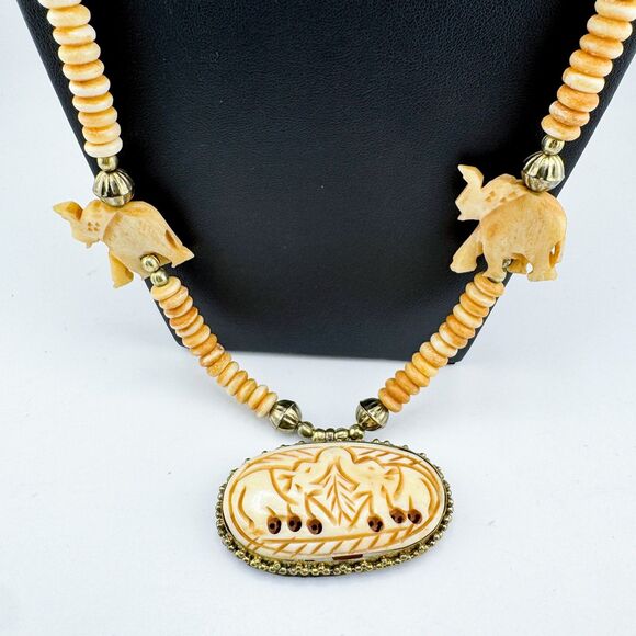 Carved Elephant Pendant Necklace Tribal Ethnic Organic Bead Brass Tone Statement - Picture 8 of 11